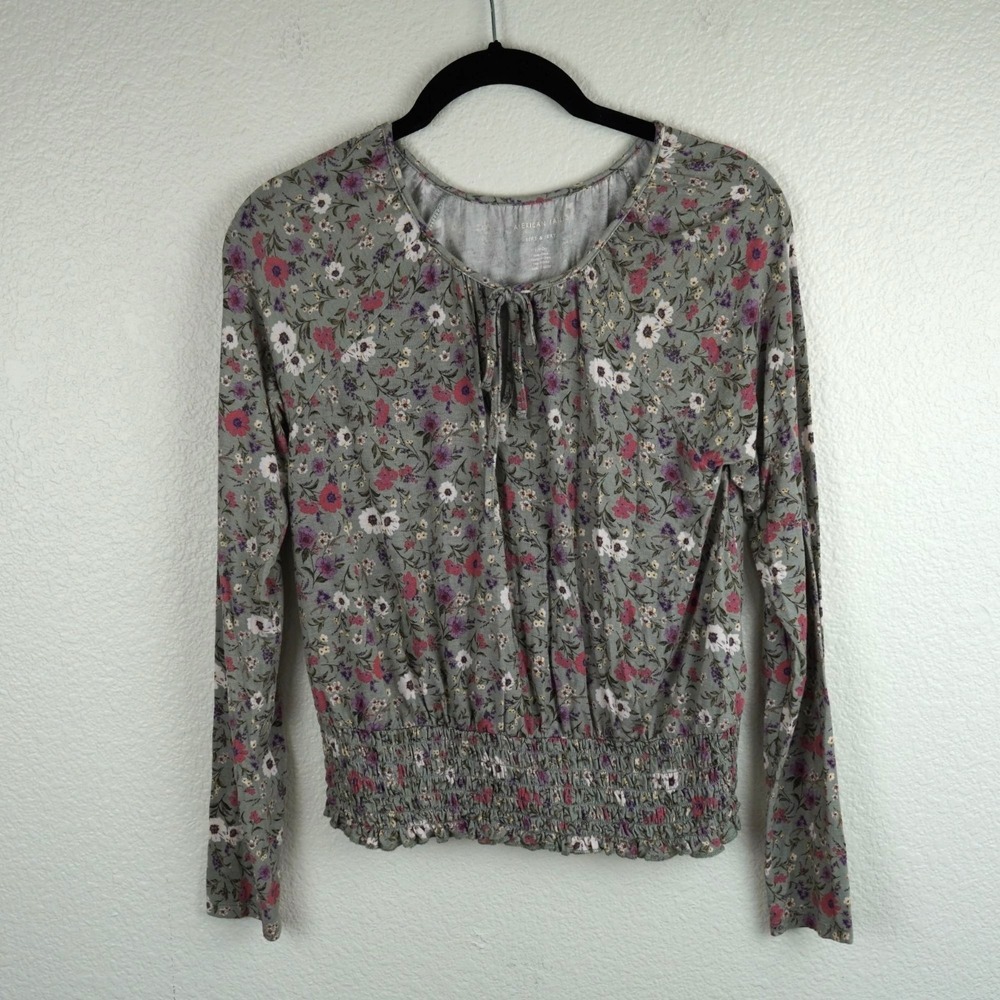 American Eagle Floral Long Sleeve Smocked Top Womens Small Cottage Boho Peasant